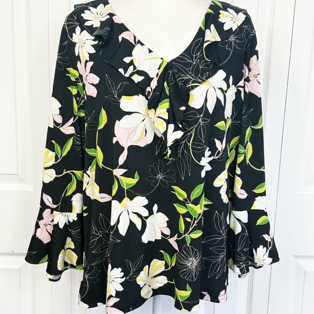 Susan Graver Black Multi Floral Ruffle Neck Bell Sleeve Blouse Large